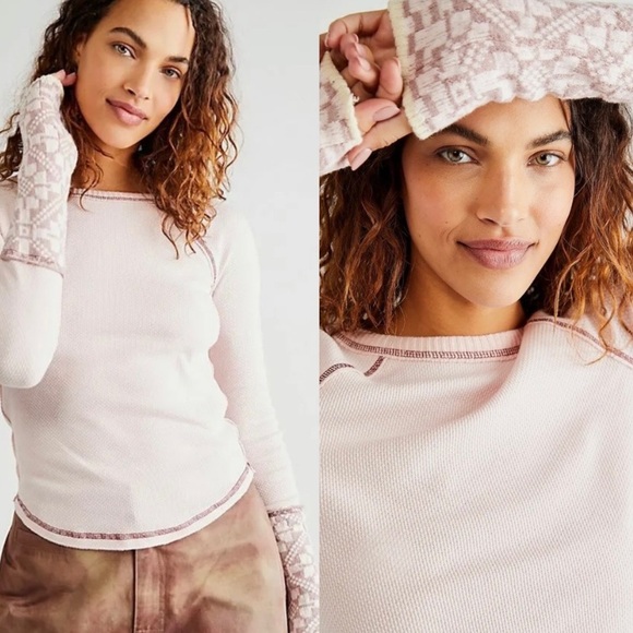 Free People She's Reversible Waffle Knit Nordic Cuff Top in Dreamt Kiss Pink XS - Picture 4 of 14